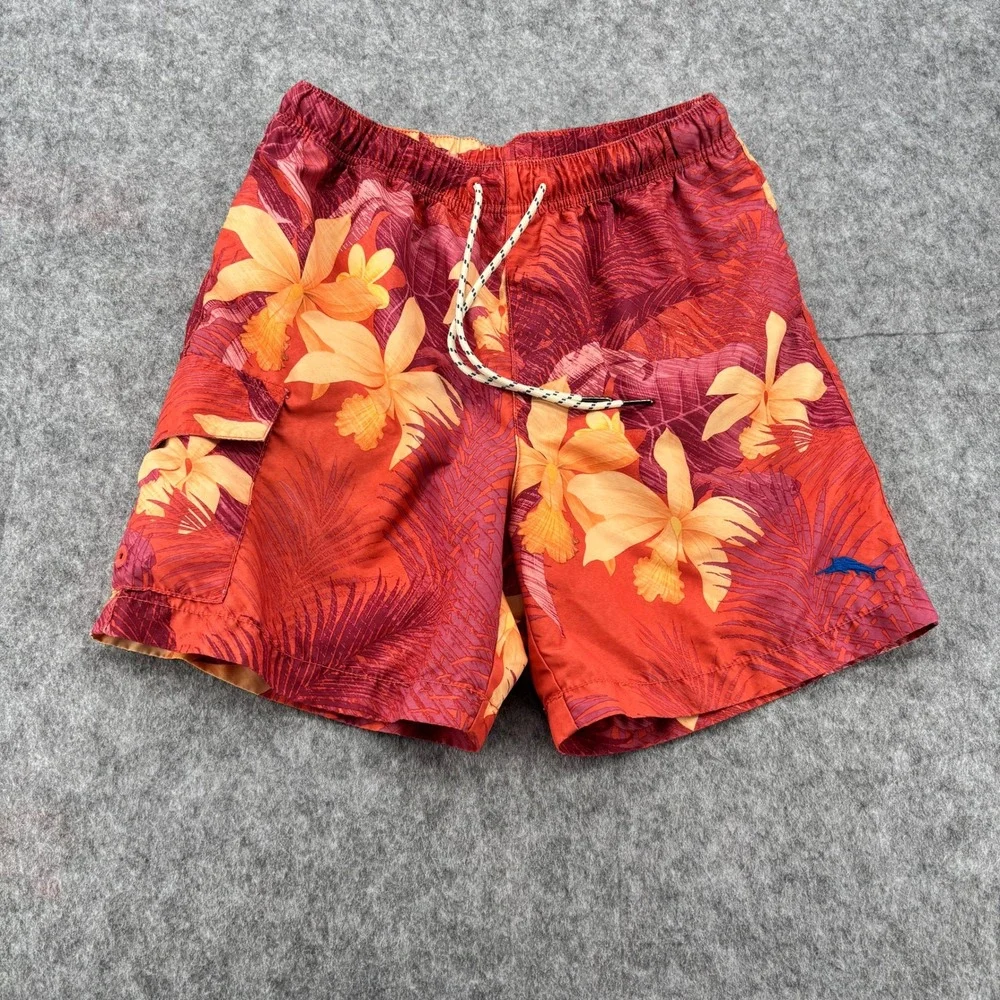 Tommy Bahama Mens Red Tropical Floral Swim Trunks Mesh Liner Cargo Pocket Sz S